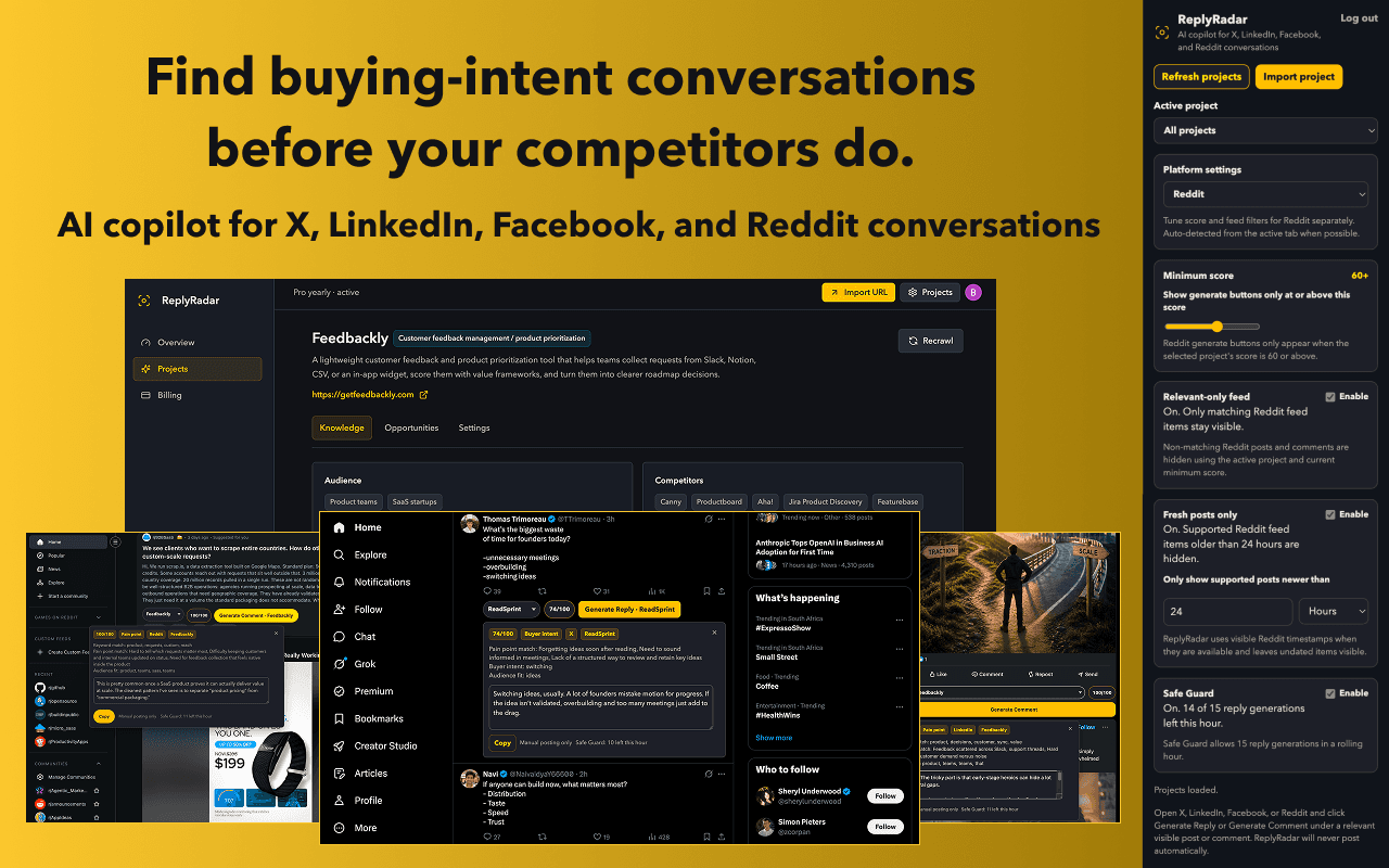 ReplyRadar dashboard and live social conversation screenshots