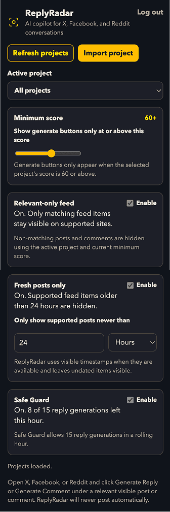 ReplyRadar Chrome extension showing conversation monitoring context.